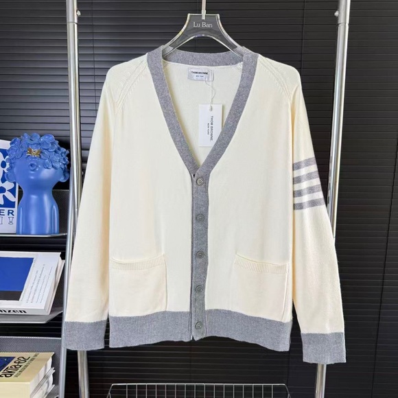Thom Browne Cream Cardigan with Gray Trim - Picture 1 of 8